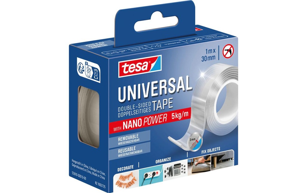 tesa Ruban adhésif double face universel Nano Power sur dérouleur 30 mm x 1 m, Transparent