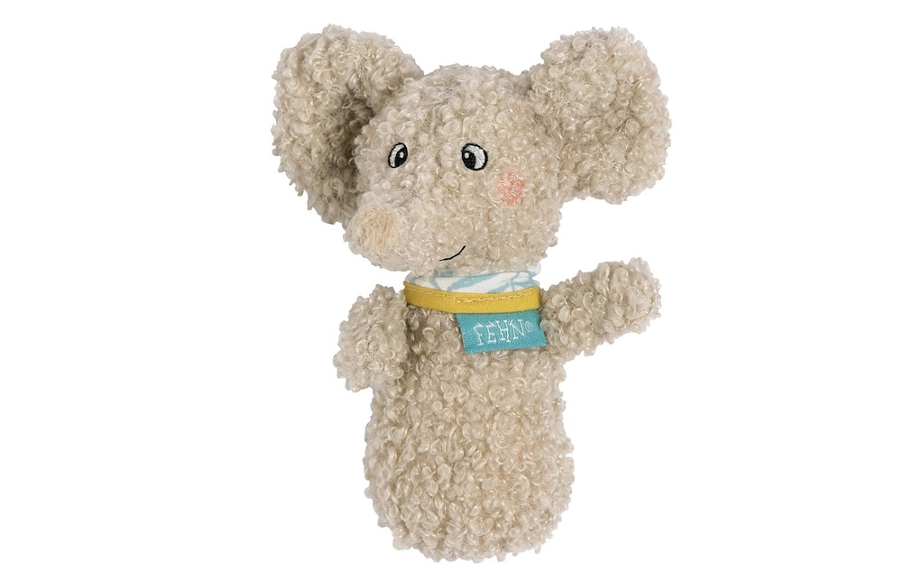 fehn Hochet silencieux Mini hochet éléphant, Gris, peluche / velours, 12 cm