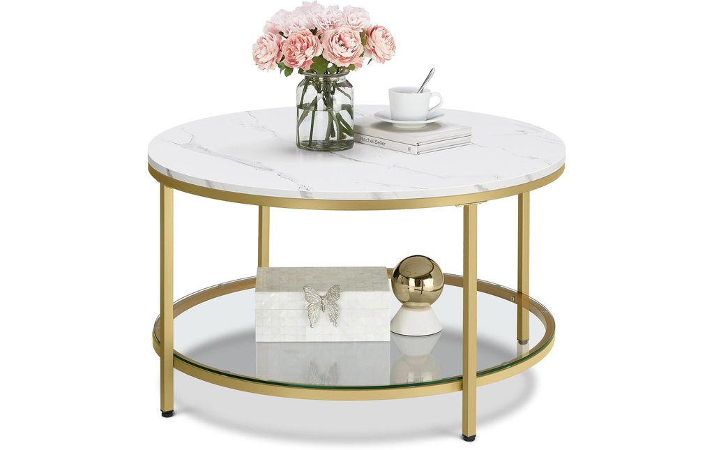 VASAGLE Table d'appoint avec verre 80 x 46 cm, Blanc/Or