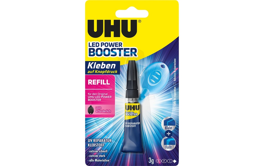 UHU Colle instantanée Recharge Led Power Booster 3 ml, Transparent