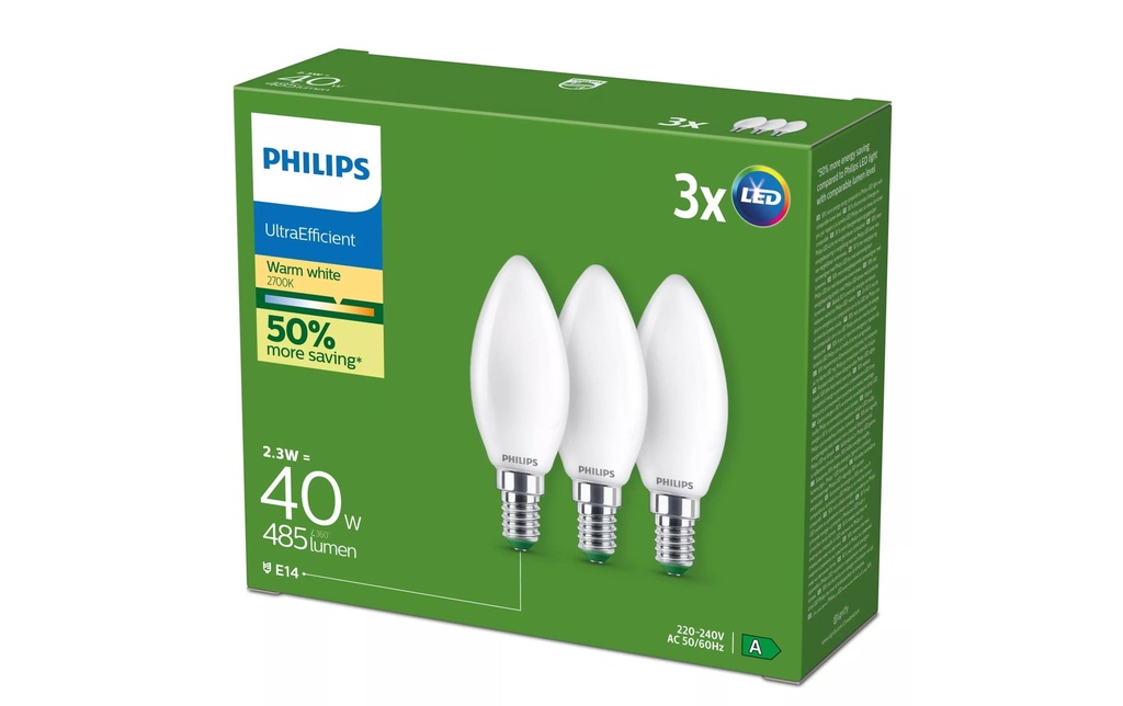 Philips Lampe LED E14, lot de 3, 40W, EyeComfort, blanc chaud