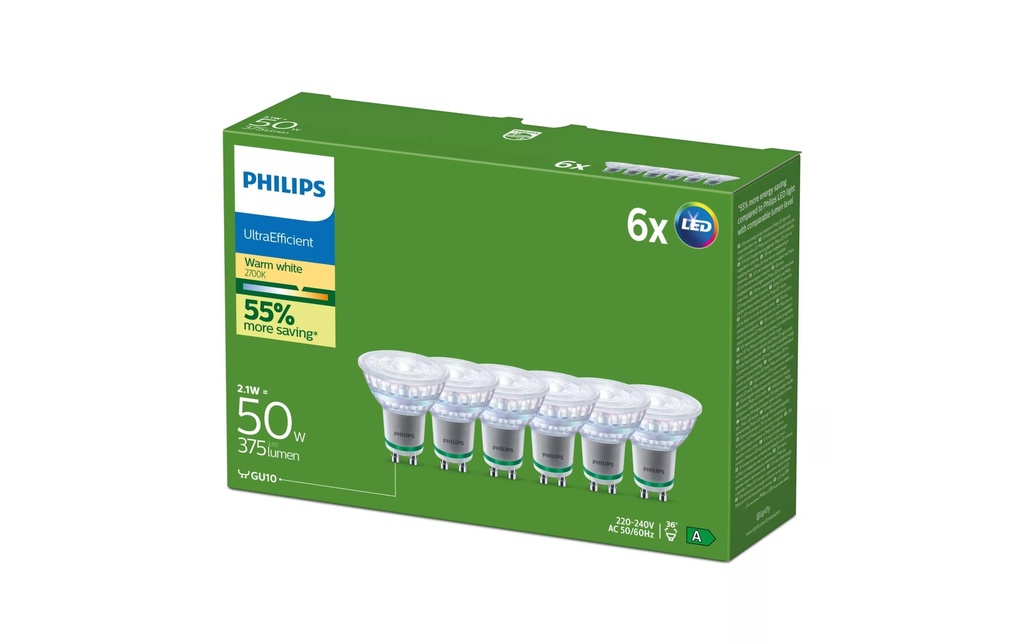 Philips Spots LED GU10, pack de 6, 50 W, blanc chaud