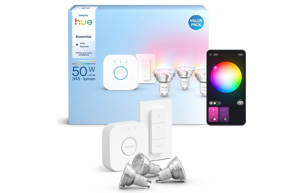 Philips Hue Kit de démarrage essentiel Hue Bridge + 3 x GU10 RGB + variateur de lumière
