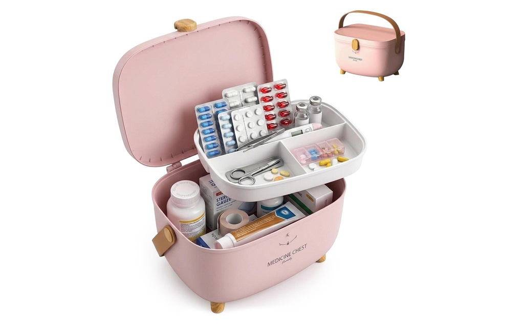 relaxdays Boîte à médicaments en plastique Brun clair/Rose 18 x 28 x 20 cm