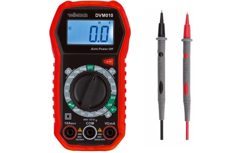 Velleman DVM010 CAT III 600 V, écran LCD, noir/rouge