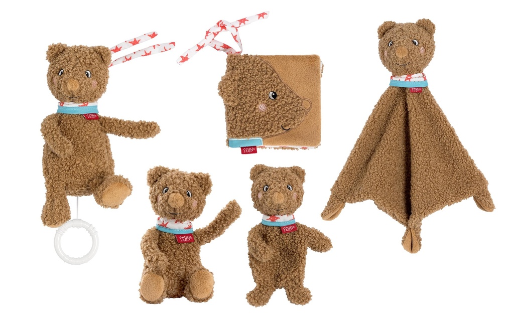 fehn Ours Fred avec boîte à musique, doudou, livre en tissu