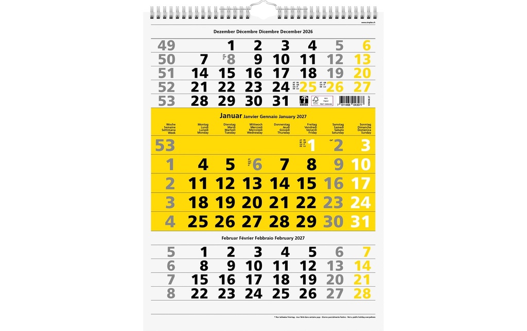 Simplex Calendrier mural 2027 3M/1S Jaune 31 x 40 cm
