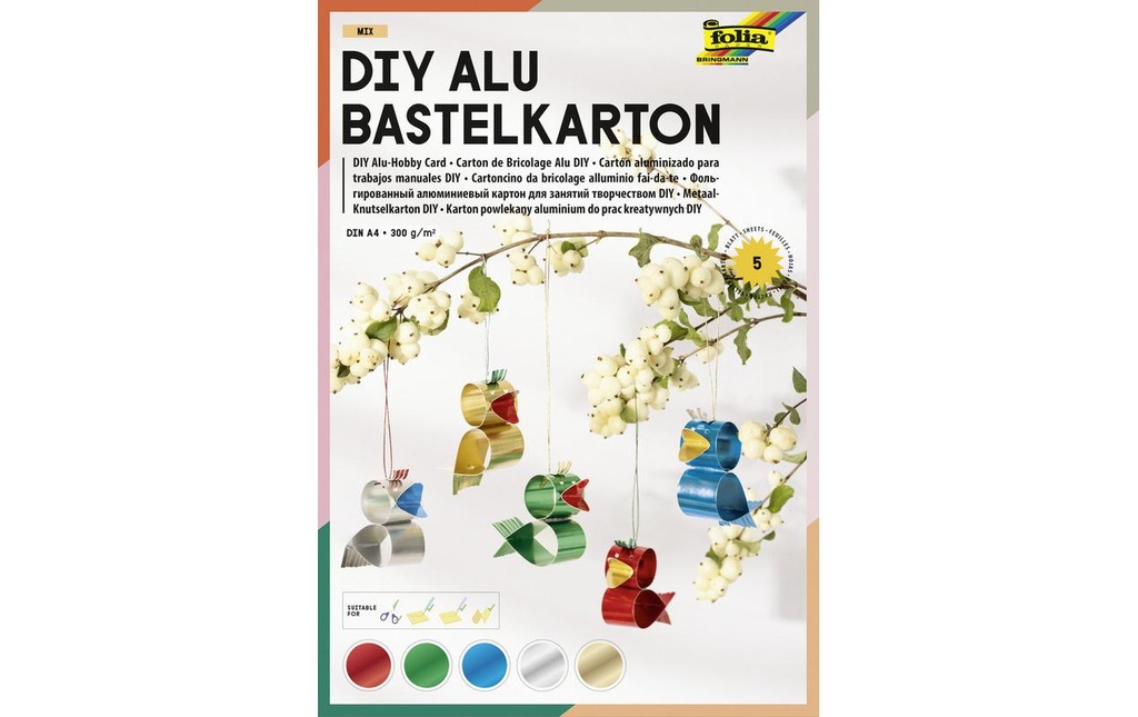 Folia DIY Alu carton de bricolage Mix DIN A4, 5 feuilles, couleurs assorties