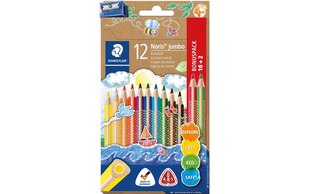 Staedtler Noris jumbo, forme triangulaire ergonomique, en bois, 12 couleurs