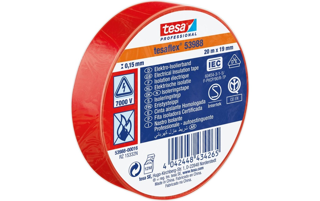 tesa 53988 Ruban isolant 19 mm x 20 m, Rouge