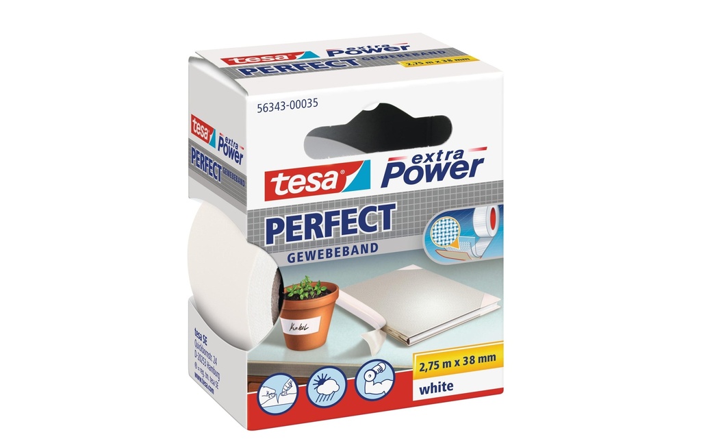 tesa Ruban adhésif extra Power Perfect 38 mm x 2.75 m, Blanc