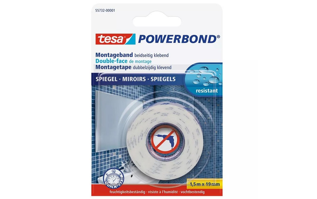tesa Ruban adhésif Powerbond Miroir 19 mm x 1.5 m, Blanc