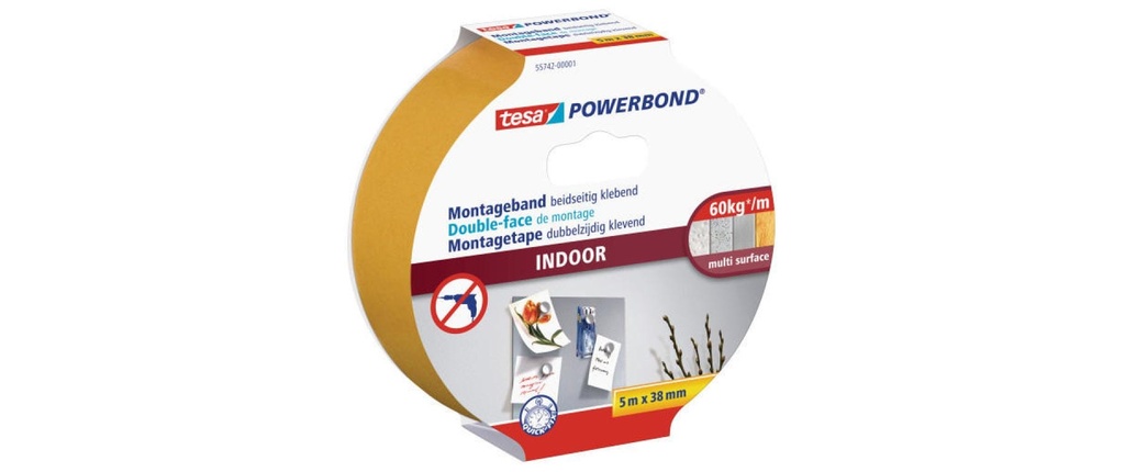 tesa Ruban adhésif Powerbond Indoor 5 m x 38 mm 38 mm x 5 m, Beige