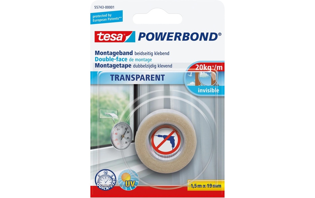 tesa Ruban de montage Powerbond transparent, 1.5m x 19 mm