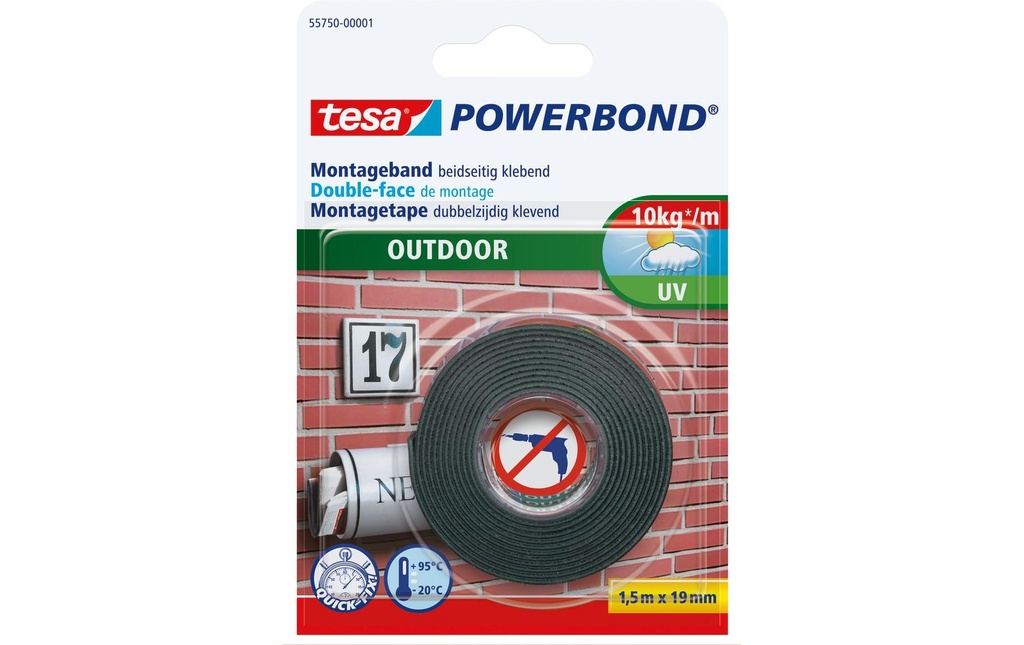 tesa Ruban de montage Powerbond Outdoor sans percer - 1.5m x 19 mm