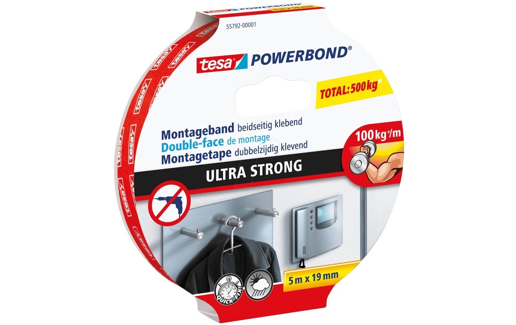 tesa Ruban de montage Powerbond Ultra Strong 19 mm x 5 m, Blanc