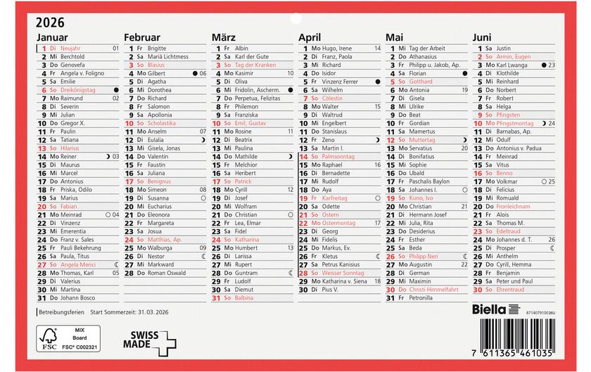 Biella Calendrier tableau A5, 6 mois par page