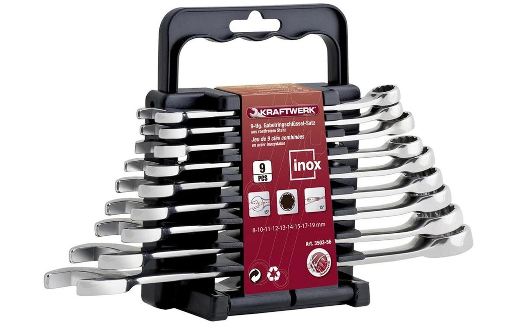 Kraftwerk Jeux de clés plates polygonales Pro Line Inox 8 - 19 mm, 9 pièces