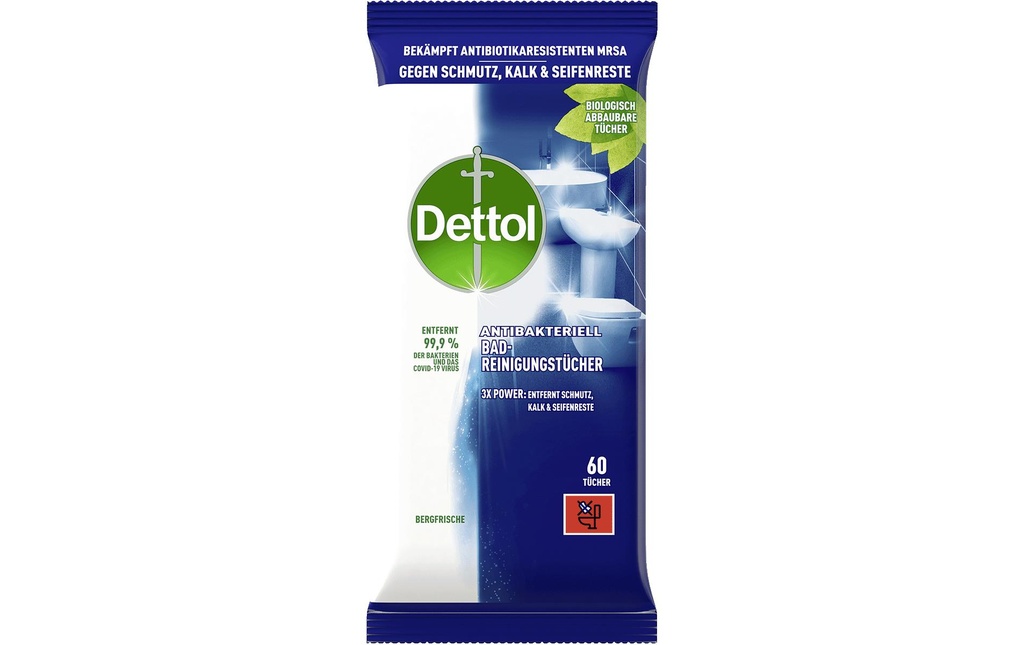 Dettol Lingettes nettoyantes pour le bain Fraîcheur de la montagne 60 pièces