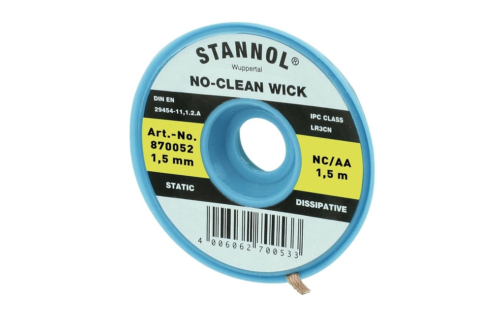 Stannol Cordon de débrasage NC-AA Tresse à dessouder 1.5 mm x 1.5m sans halogène