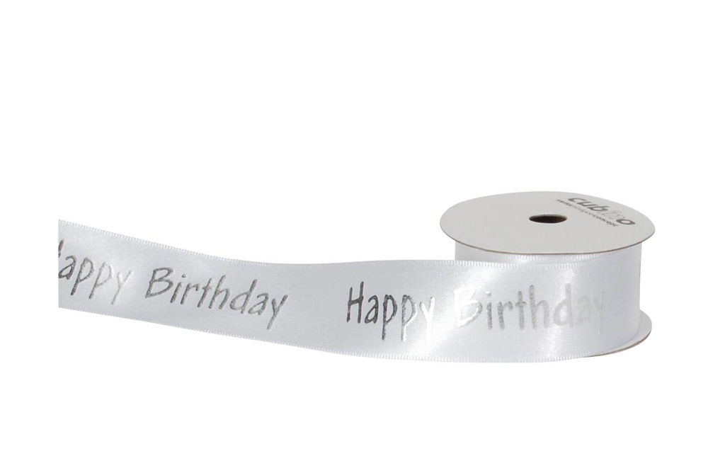 Spyk Ruban cadeau Cubino Happy Birthday 25 mm x 3 m, Argenté/Blanc