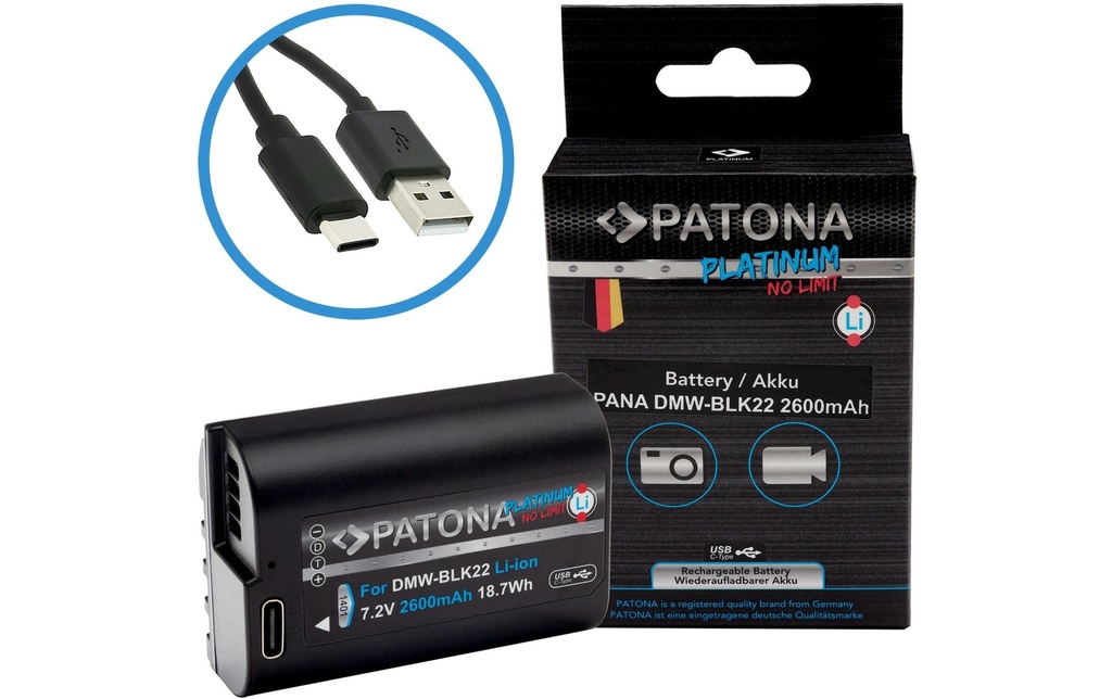 Patona Batterie pour Appareils photo numérique Panasonic DMW-BLK22, S5, G9, GH5 et GH5S