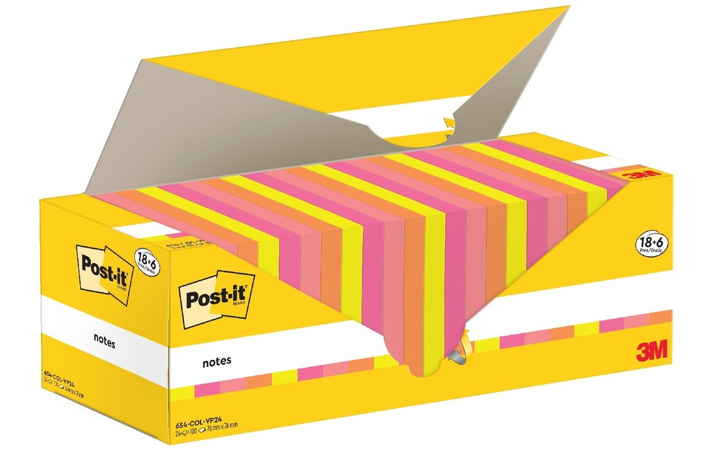 Post-it Fiche de bloc-notes 3M, 76 x 76 mm, 18+6 blocs, multicolore