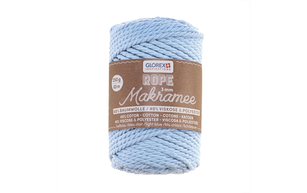 Glorex Laine Macramee Rope torsadé 63 m x 3 mm, 250g, bleu clair