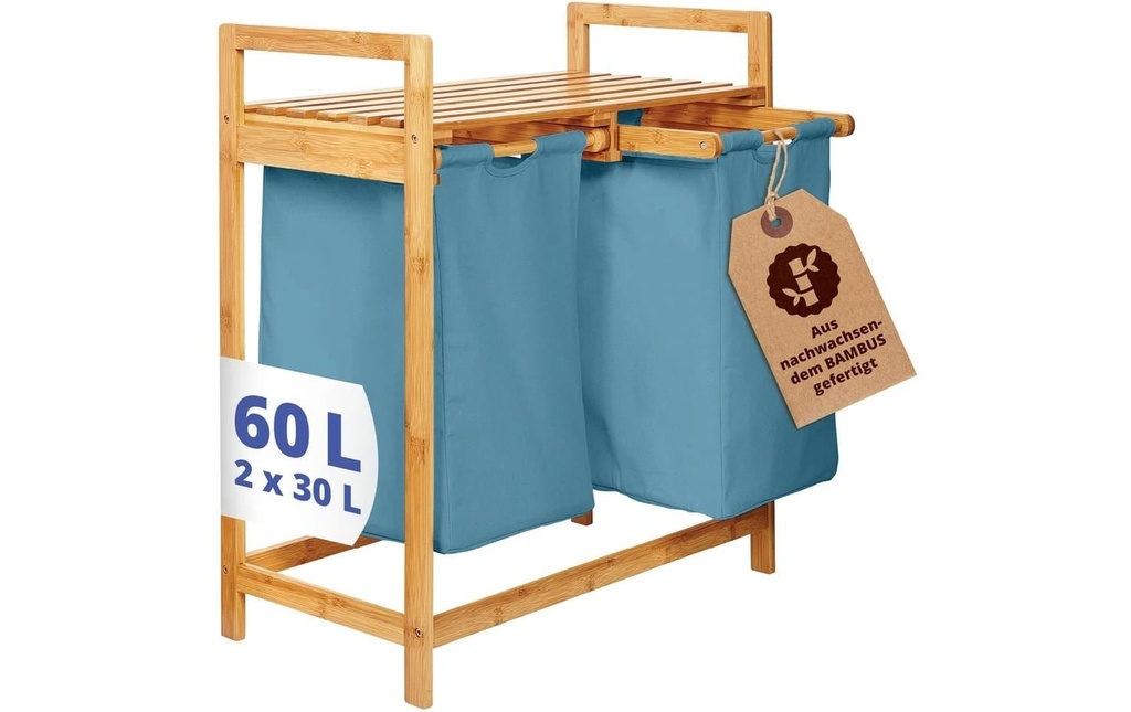 Lumaland Corbeille à linge Bambus 60 l, Bleu/Brun