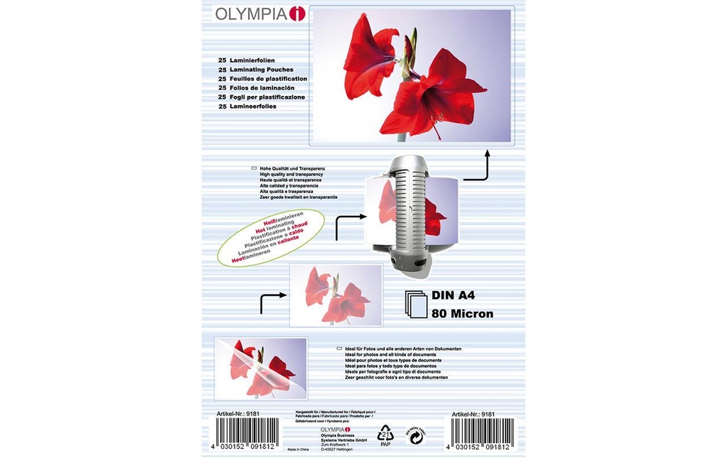Olympia Film laminé A4, 80 µm, 25 pièces, brillant