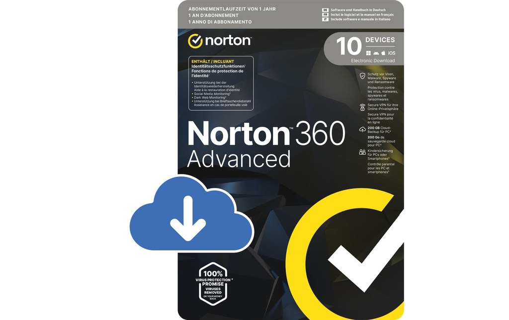 Norton 360 Advanced ESD, 10 Device, 1 an, 200GB de mémoire cloud