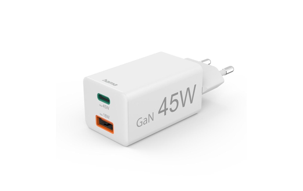 Hama Chargeur mural USB Gan charger USB-A USB-C 45 W Blanc