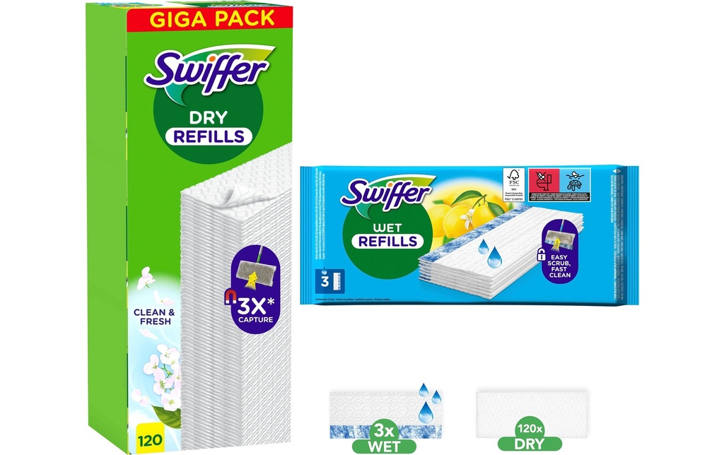 Swiffer Kit de recharge eCOM 120 Sec + 3Wet
